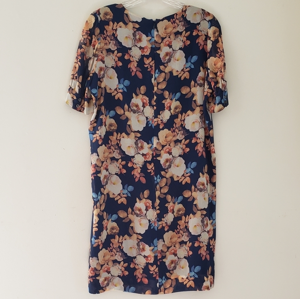 J.CREW Antique Floral Silk Shift Dress Womens Size 00 Navy Blue Short Sleeves - Picture 3 of 15